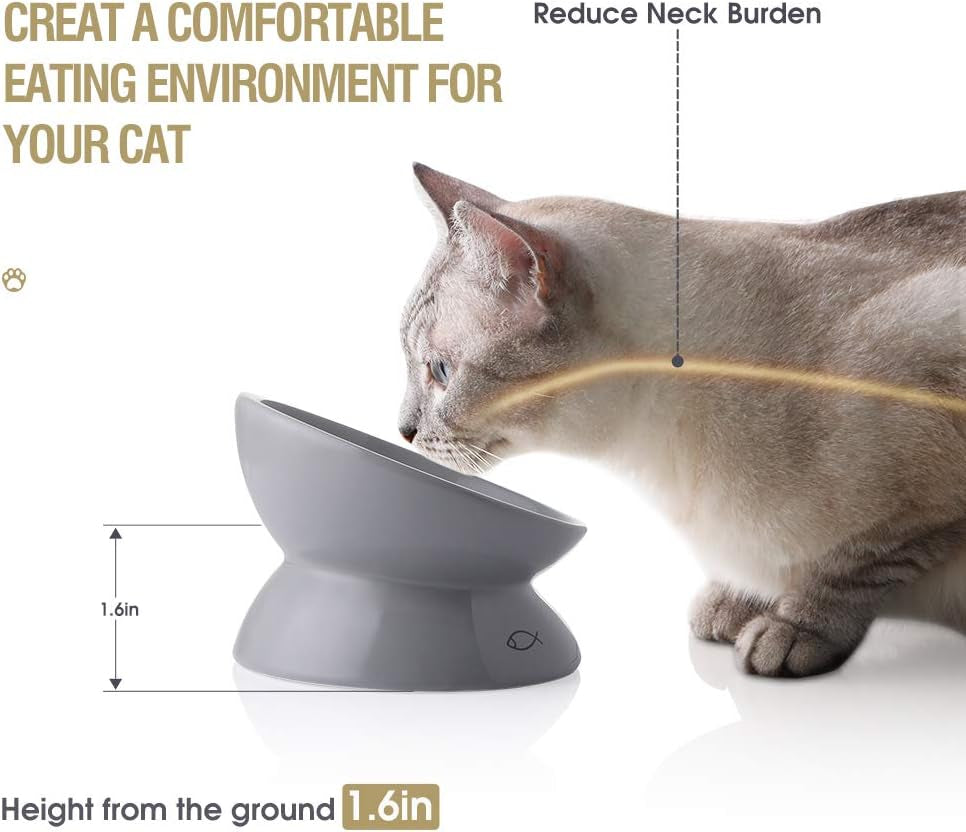 Sweejar Ceramic Raised Cat Bowls, Slanted Cat Dish Food or Water Bowls, Elevated Porcelain Pet Feeder Bowl Protect Cat'S Spine, Stress Free, Backflow Prevention (Grey)