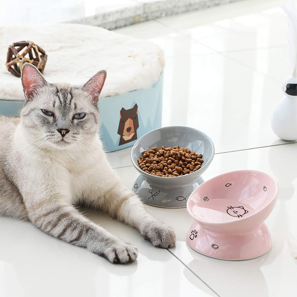 Sweejar Ceramic Raised Cat Bowls, Slanted Cat Dish Food or Water Bowls, Elevated Porcelain Pet Feeder Bowl Protect Cat'S Spine, Stress Free, Backflow Prevention (Grey)